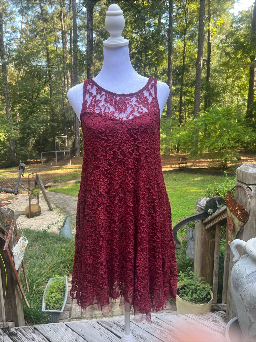 Burgundy Floral Lace A-Line Mini Dress Size 6 Sheer Back